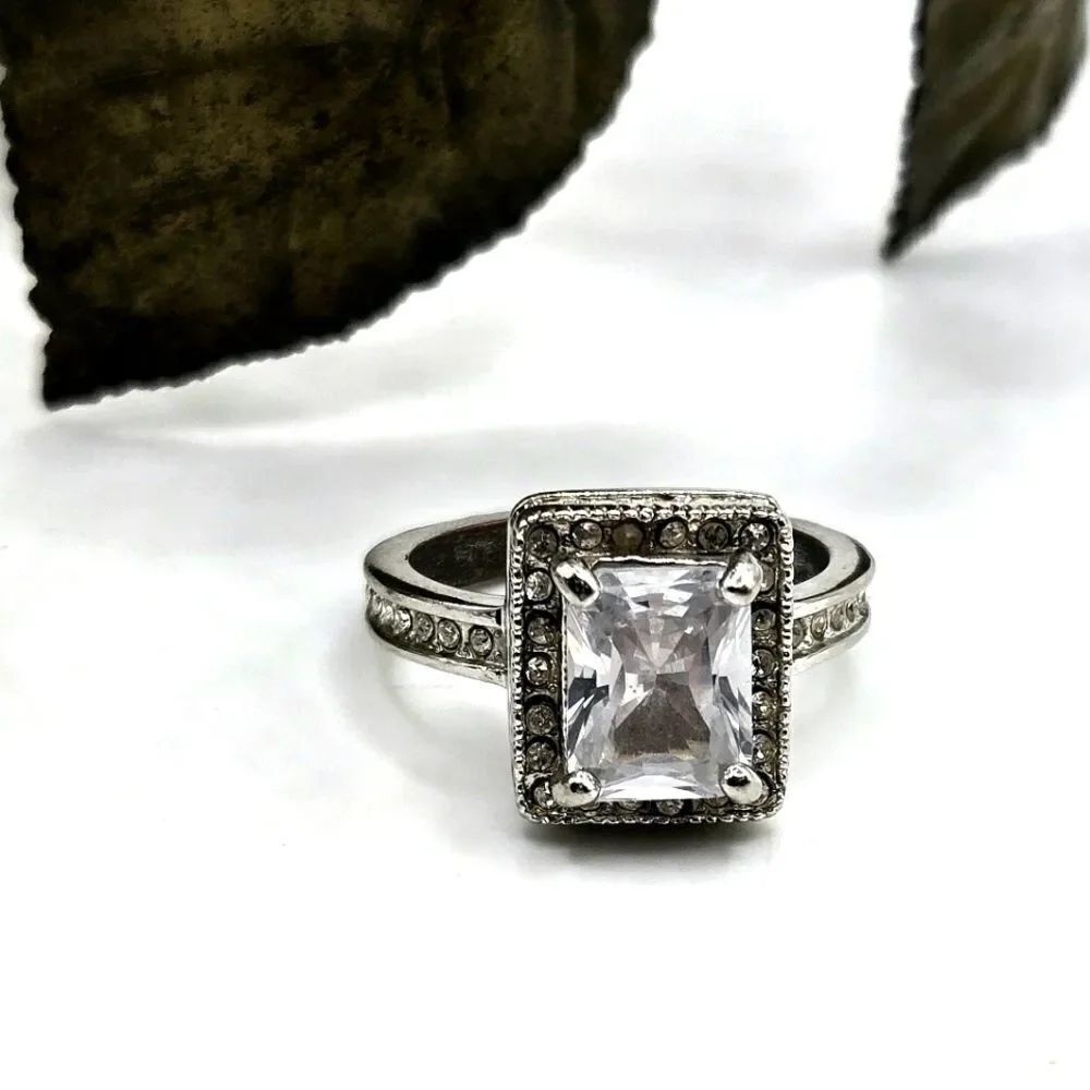 "5/$40" Silvertone CZ Pave Halo Square Solitaire Cocktail Ring Sz 6.25